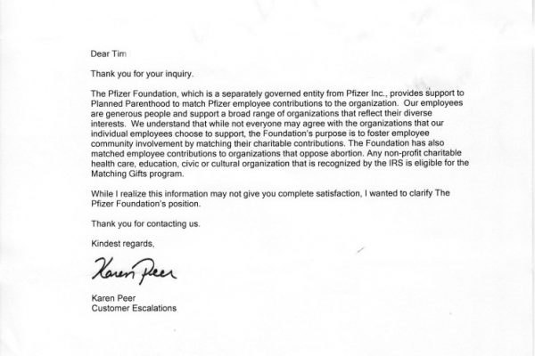 Pfizer response planned parenthood